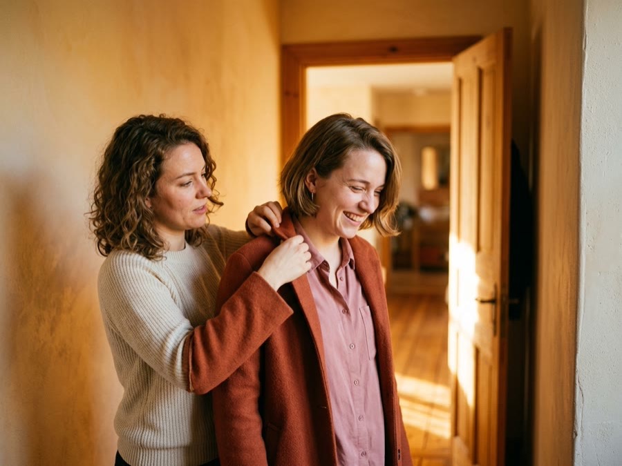 One friend putting a jacket over another's shoulders in a hallway before she goes out.