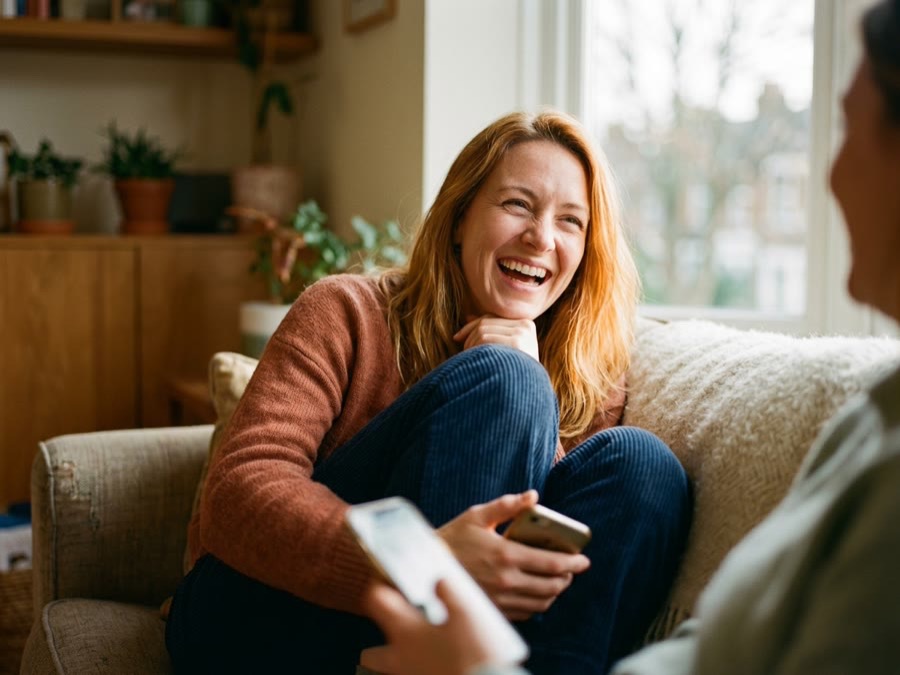 Someone laughing at a message on their phone.