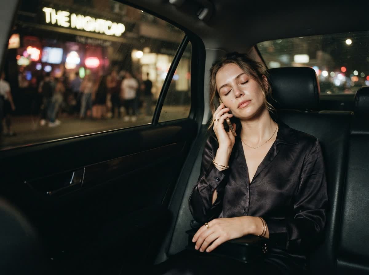 Someone in the back of a car outside a bar, phone to their ear, eyes closed, taking a breath.