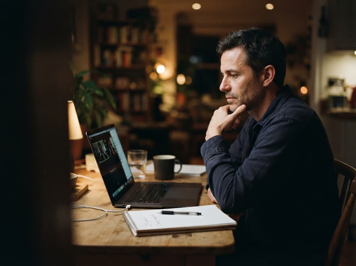Someone at a kitchen table at night on a laptop call, listening, a notepad beside them.