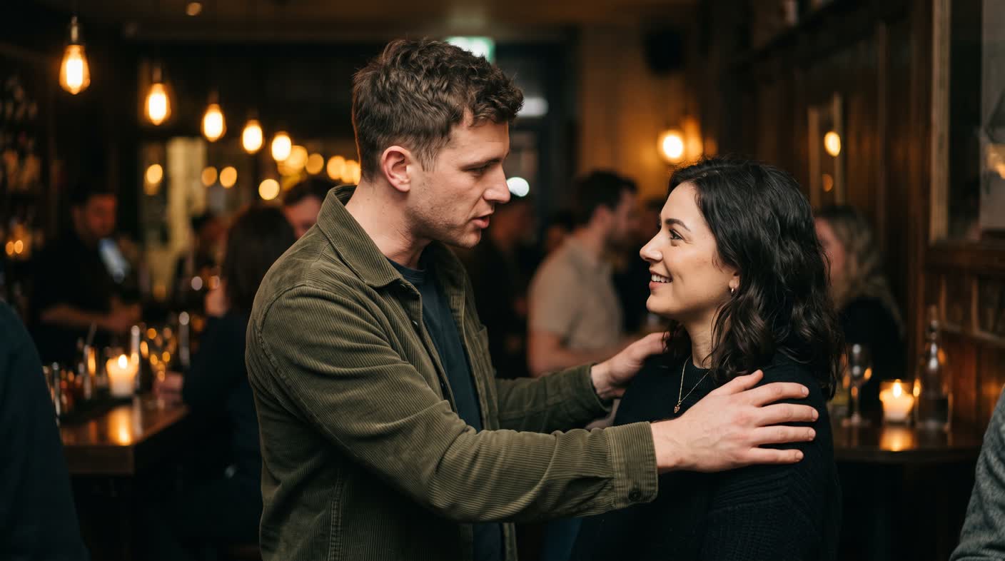 A man with both hands on his friend's shoulders, giving her a pep talk at a cocktail bar.