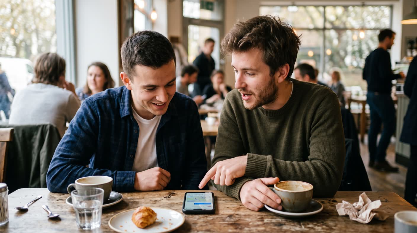 Two men at a café table leaning over one phone, one pointing at the screen.