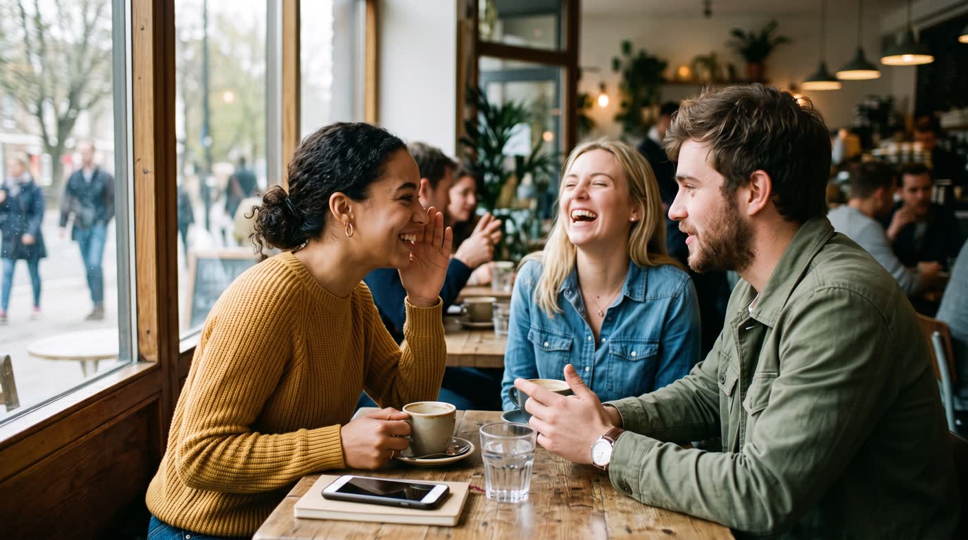Three friends at a café window, one coaching another on what to say.