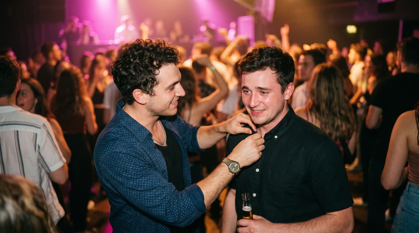 One man straightening his friend's collar on a club dance floor.