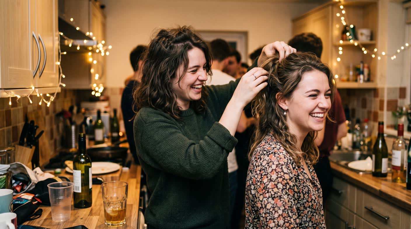 One friend fixing another's hair in a house-party kitchen, both laughing.
