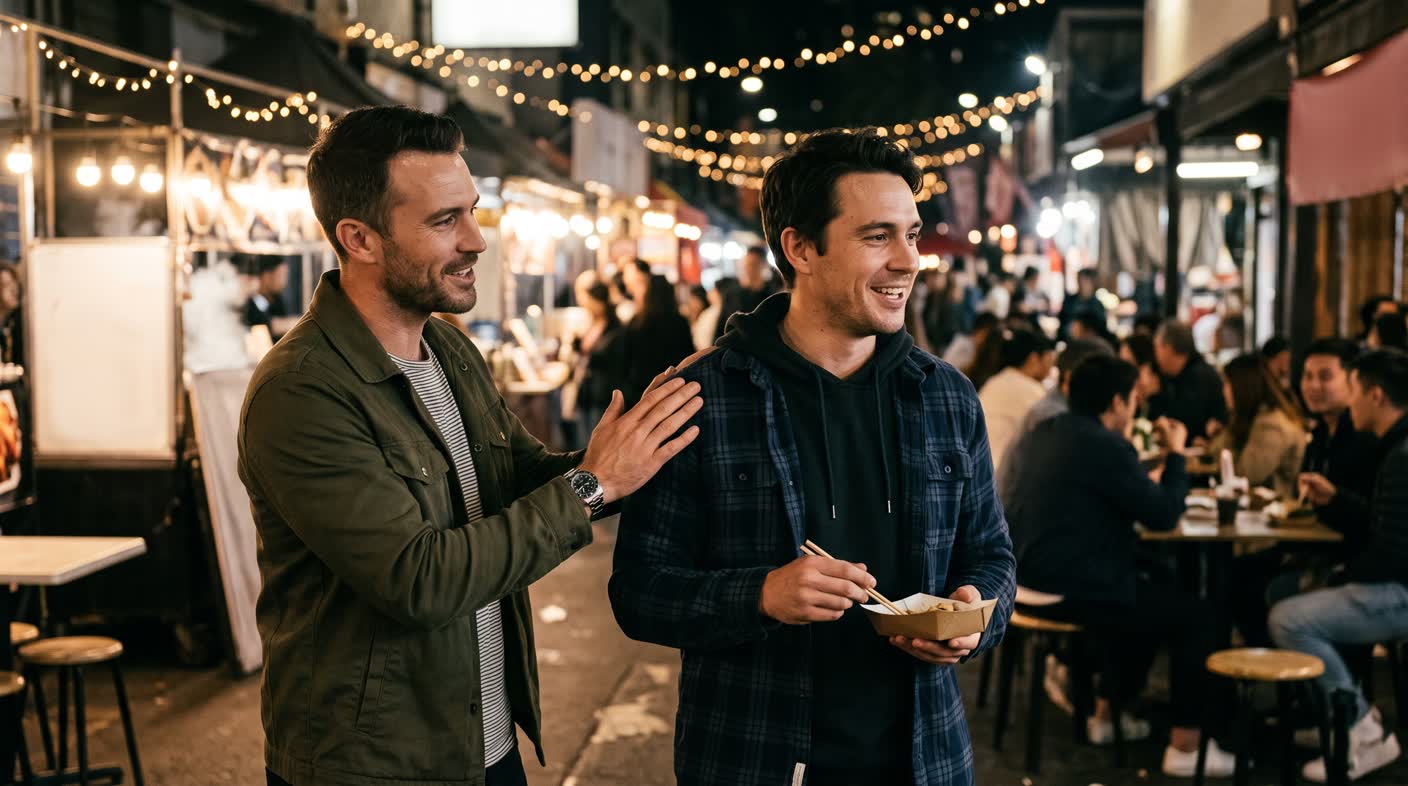 A man clapping his friend on the back at a night street-food market, nodding him toward a group.