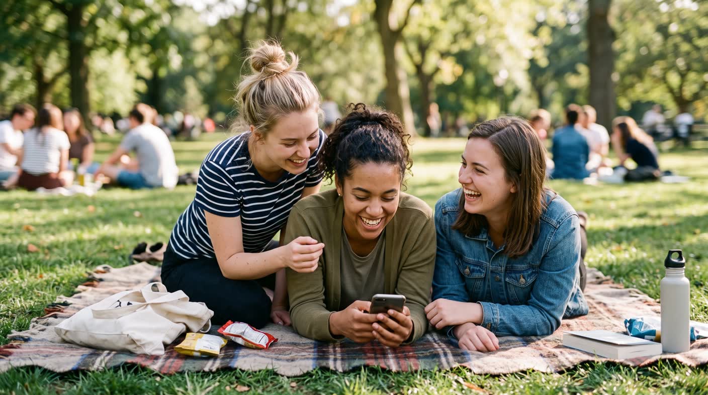 Three friends on a picnic blanket, two coaching the third on a message, all laughing.