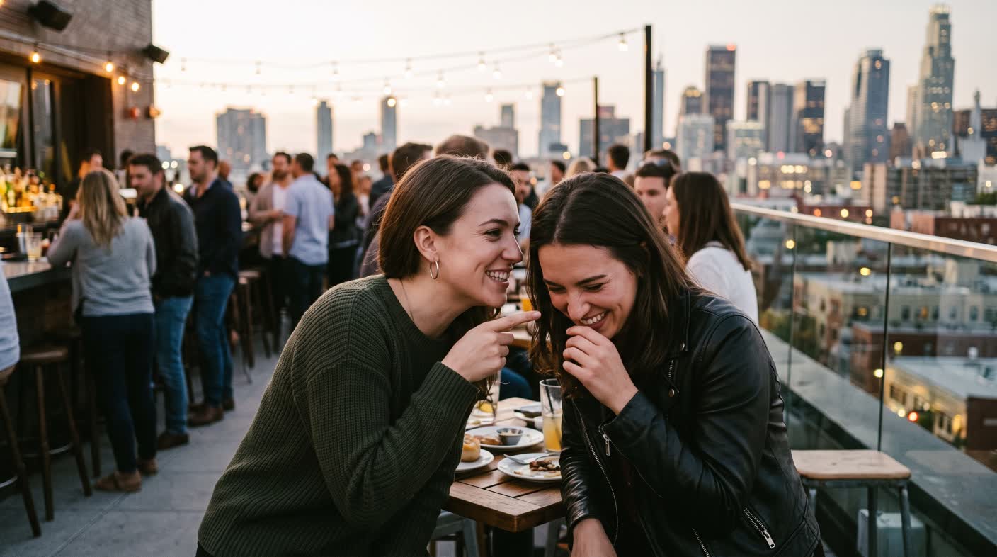 Two friends at a rooftop bar at dusk, one pointing her chin across the room.