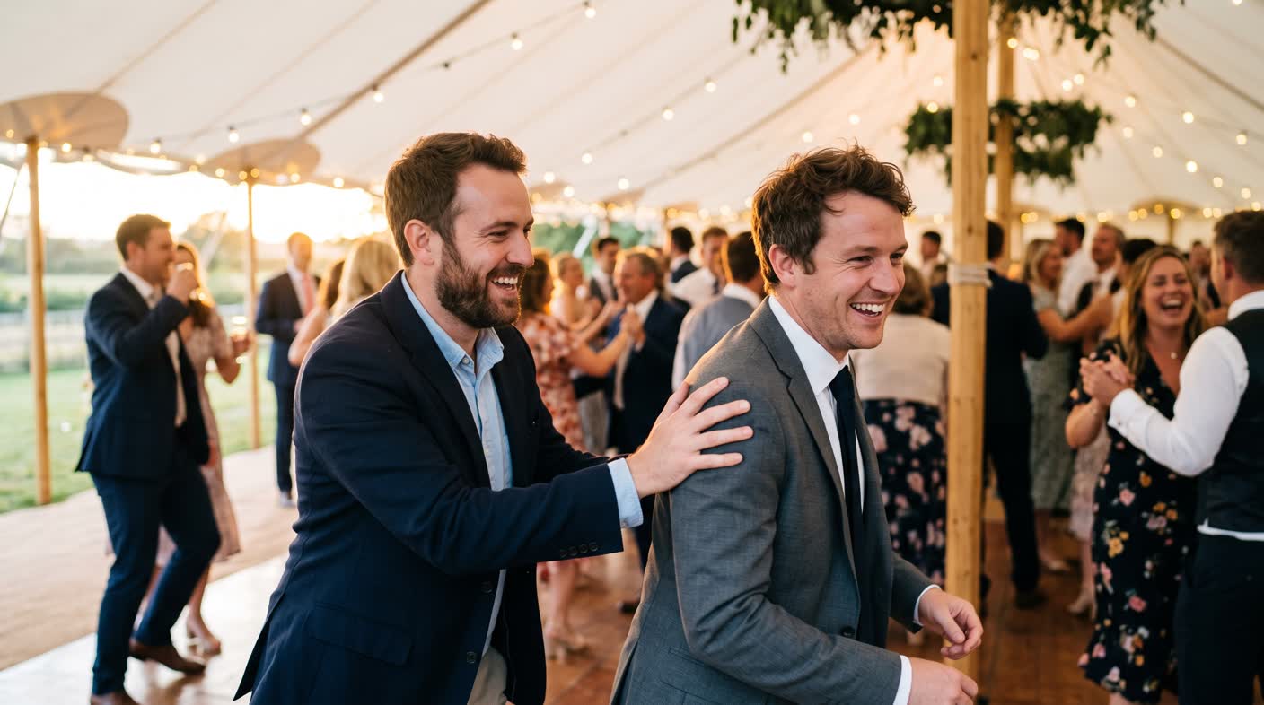 A man patting his friend on the back and sending him toward a wedding dance floor.